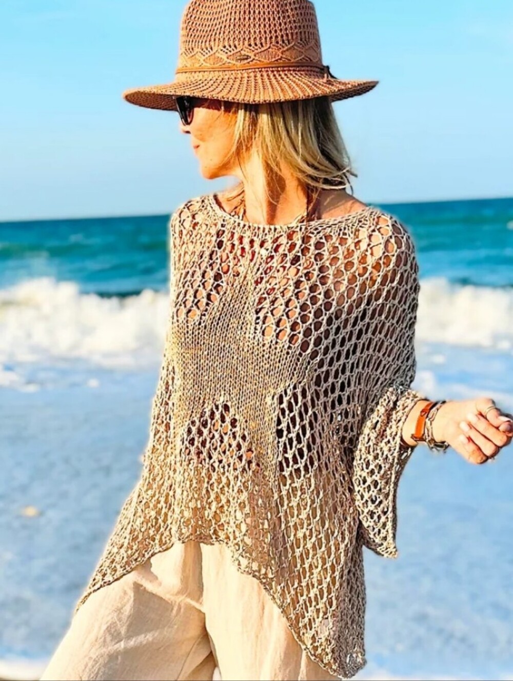 Italian Open Weave Holey Knit Beach Sweater Gold Star Tan Nude New One Size Hot